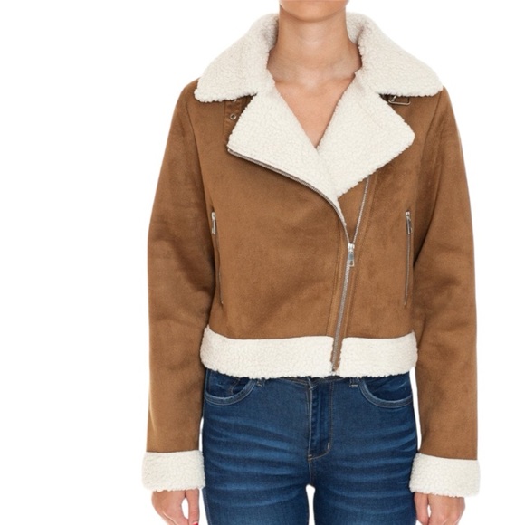 NEW FAUX SHERPA SUEDE BIKER JACKET - CAMEL - Picture 3 of 7